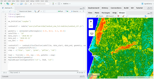 Programming interface of Google Earth Engine©. The red polygon is